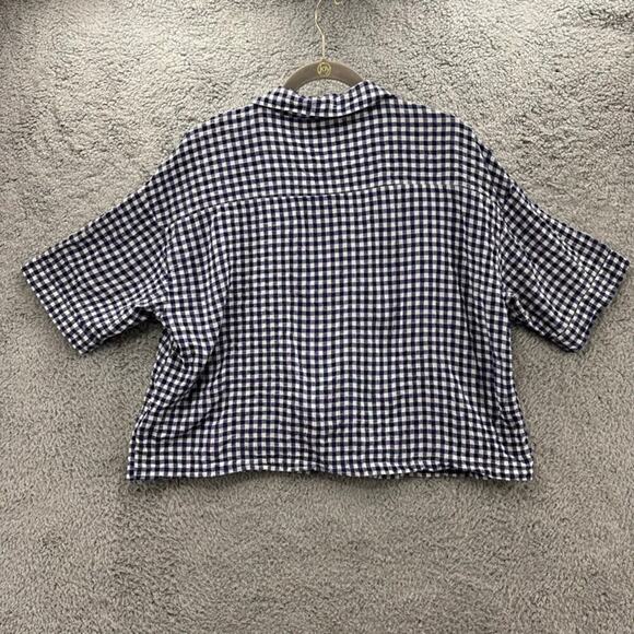Papinelle Women's Medium Crop Top Button Up Short Sleeves Blue White Checkered - Picture 8 of 9